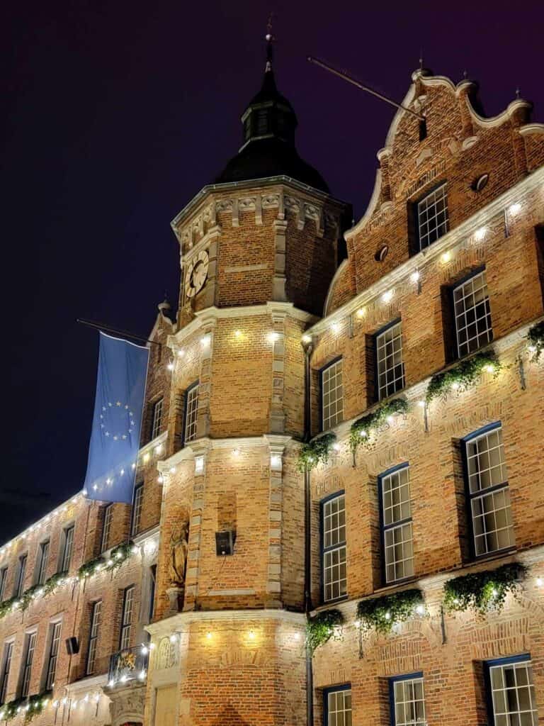 The Dusseldorf old town hall with greenery and white lights