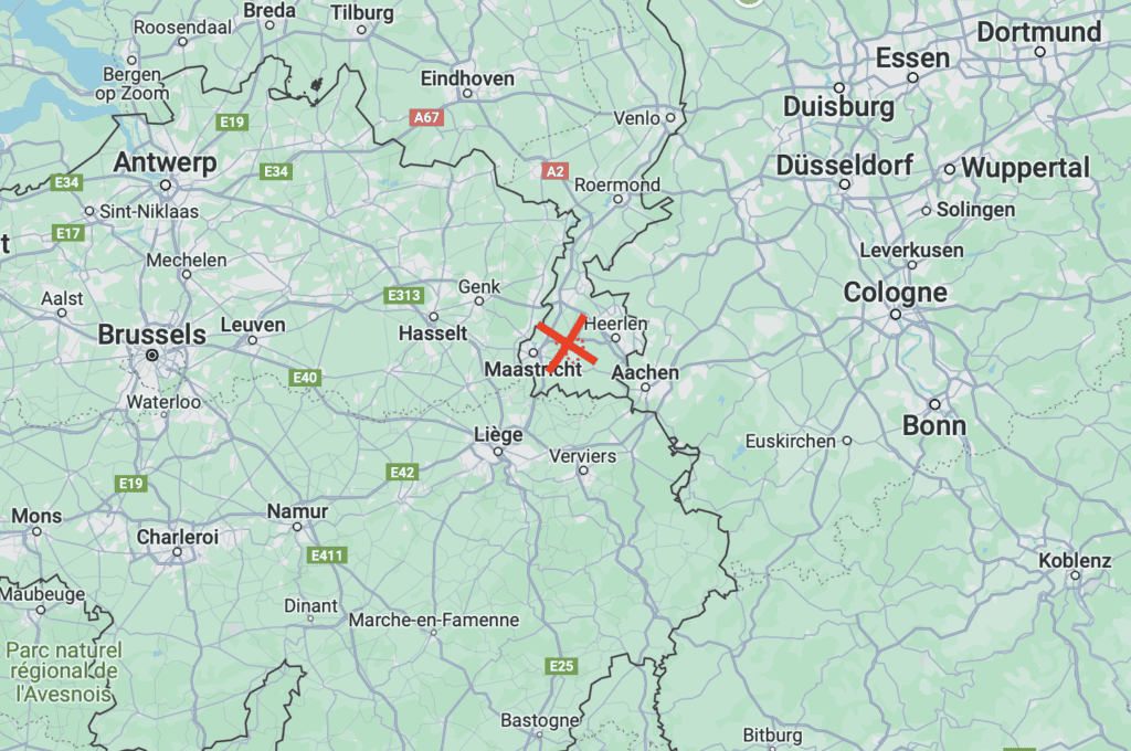 Map indicating Valkenburg Netherlands with a red X