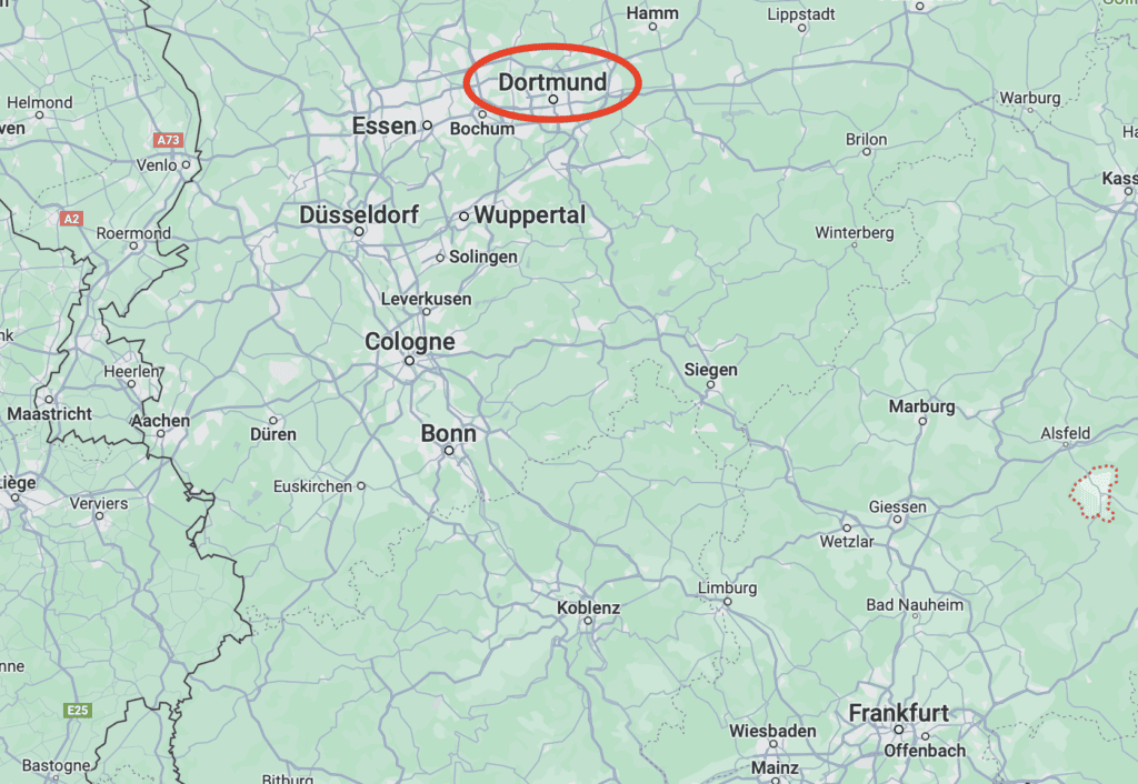 A map with Dortmund circled in red