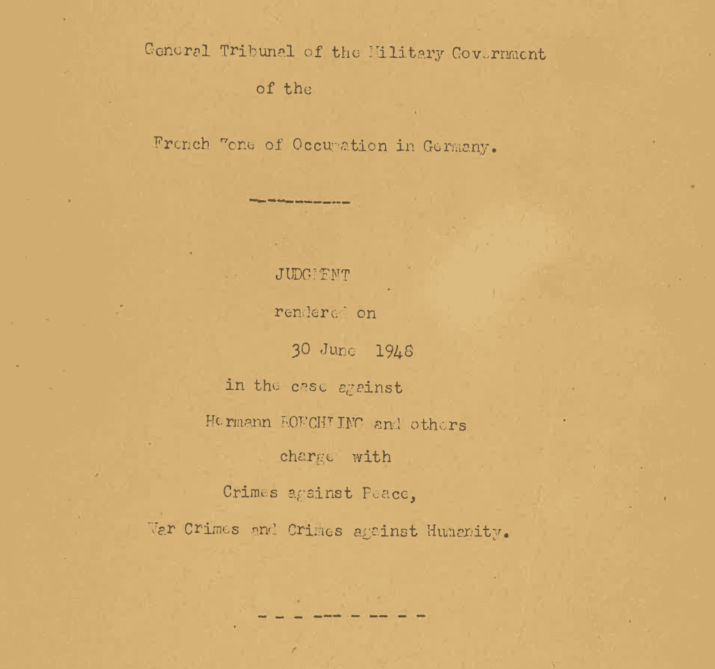 Yellowed paper with typewriter text reading: General Tribunal of the Military Government of the French Zone of Occupation in Germany - JUDGMENT rendered on 30 June 1948 in the case against Hermann Röchling and others charged with Crimes against Peace, War Crimes and Crimes against Humanity.