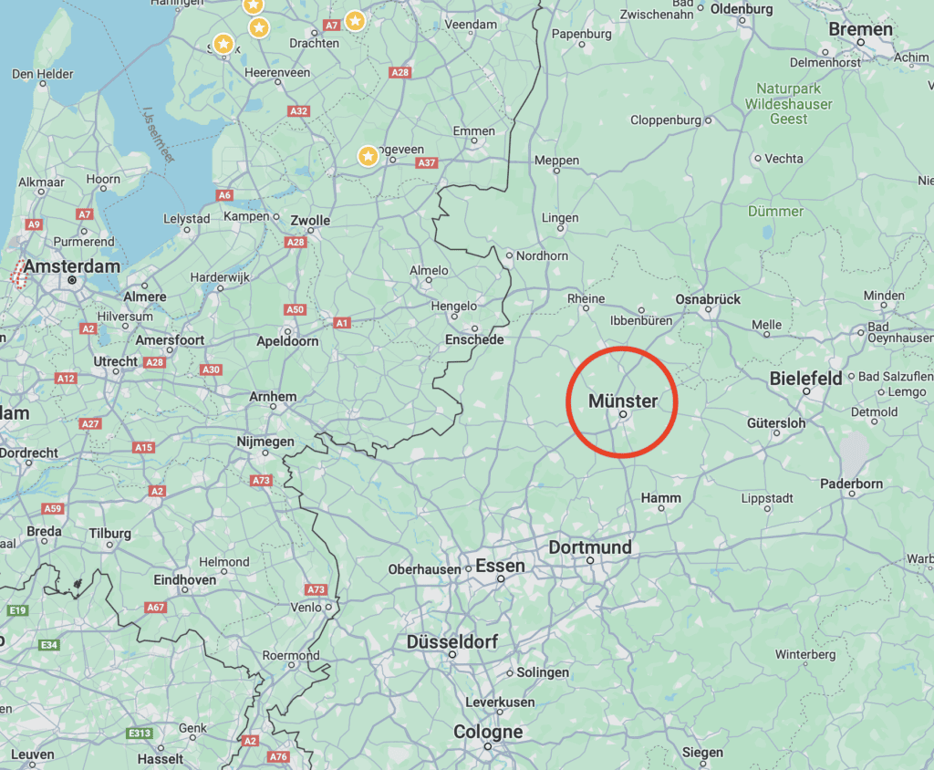 A map of northwest Germany with Munster circled in red