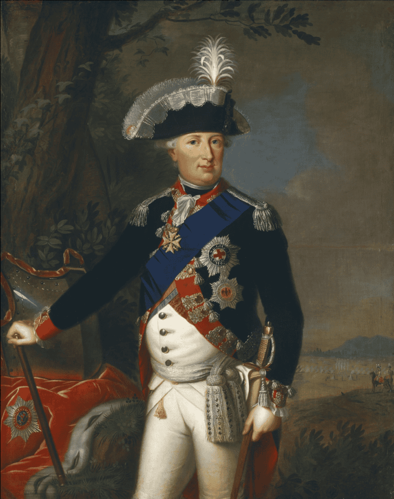 A man in a military uniform with a sash and pins, and medals and a hat with a white feather