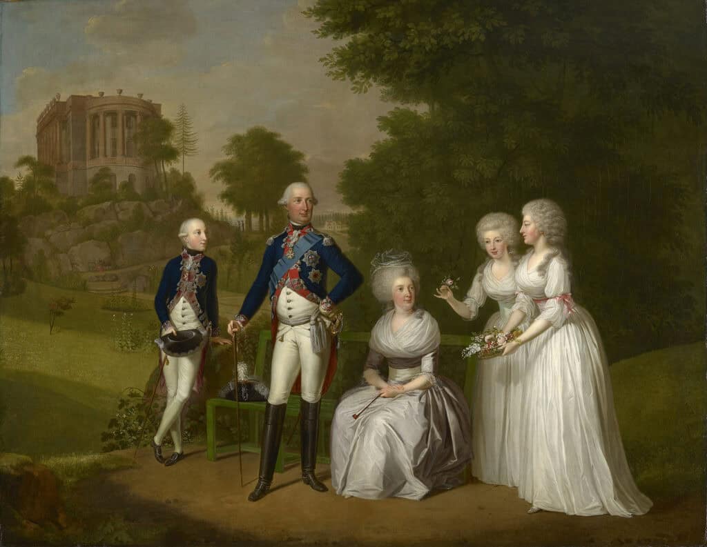 An oil painting of a man in a 18th century German military outfit, his son in the same, and his wife and daughters in flowing white dresses