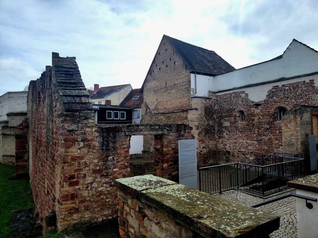 Brick walls and arches from the ruins of the old synagogue in Speyer