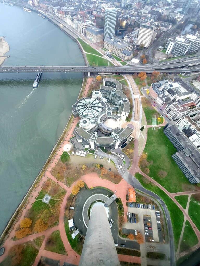 A view of the Rhine and an interesting building with lots of curves from above