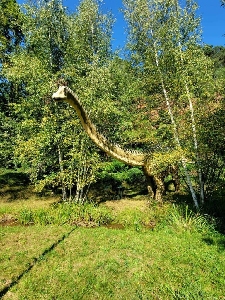 A huge apatosaurus peeking out of the trees