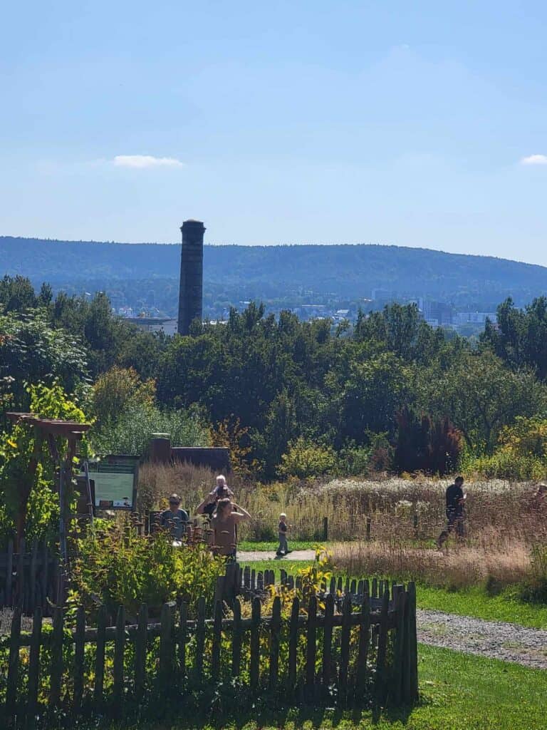 A picked-fenced farm garden looking over a vista with hills and a brick industrial tower