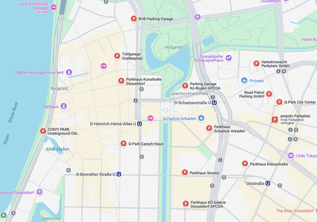 A map showing parking facilities in the city center of Dusseldorf