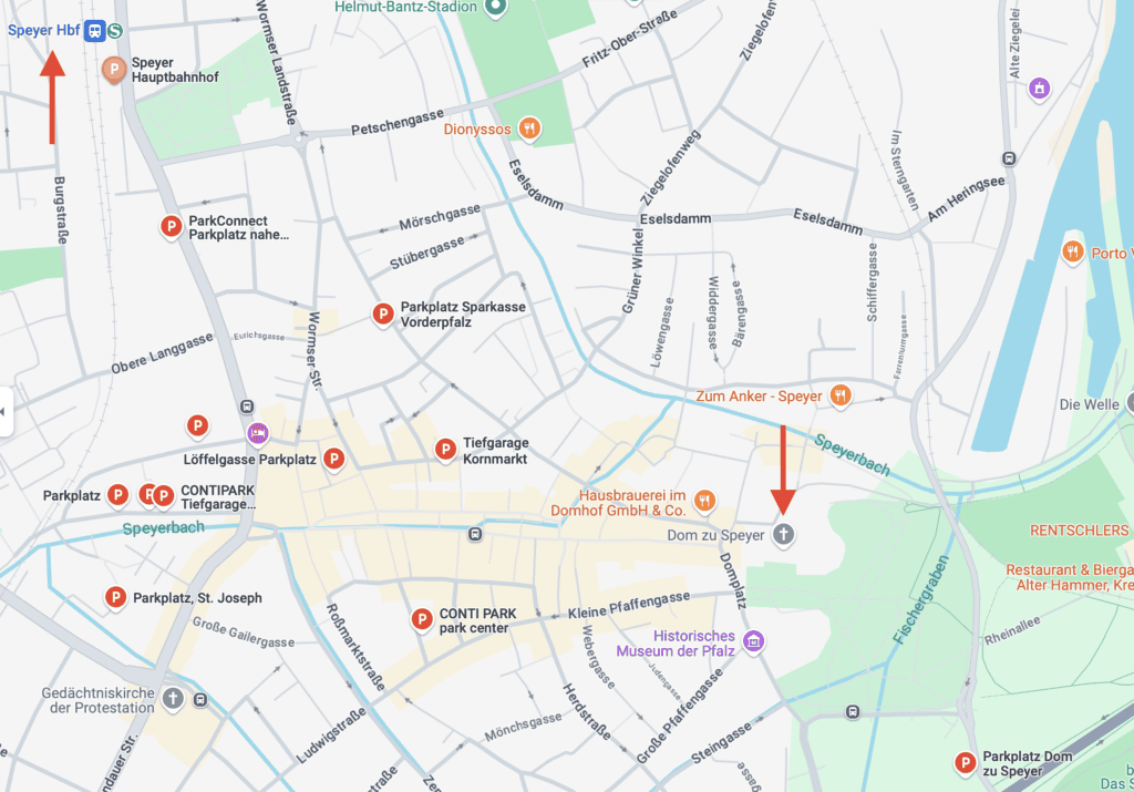 A map showing parking facilities in Speyer