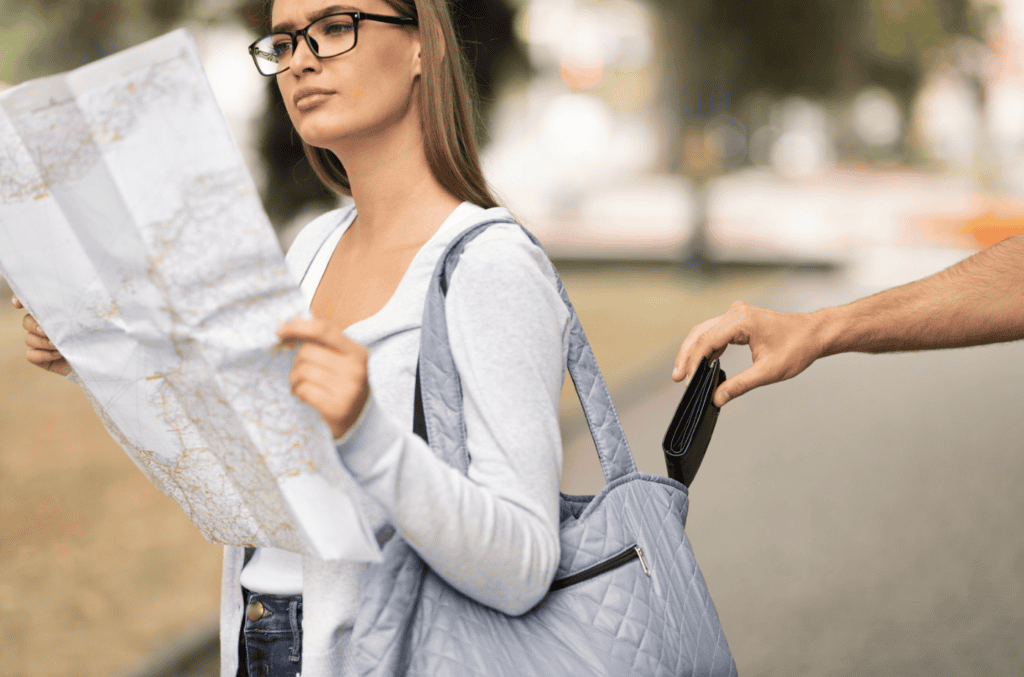 A woman is reading a paper map while someone takes her wallet out of her bag