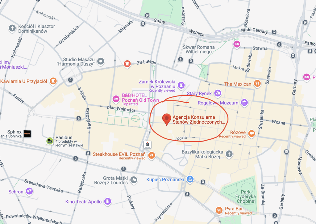 A map showing the location of the American Consulate in Poznan