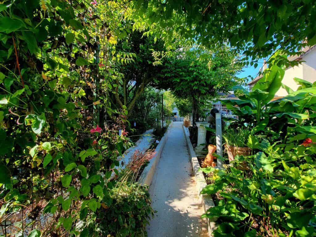 A gorgeous green overhanging canopy with gardens on the sides and a white path leading down the center