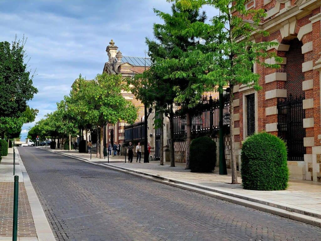 The Avenue de Champagne with white sidewalks, trees, and red and white stone buildings