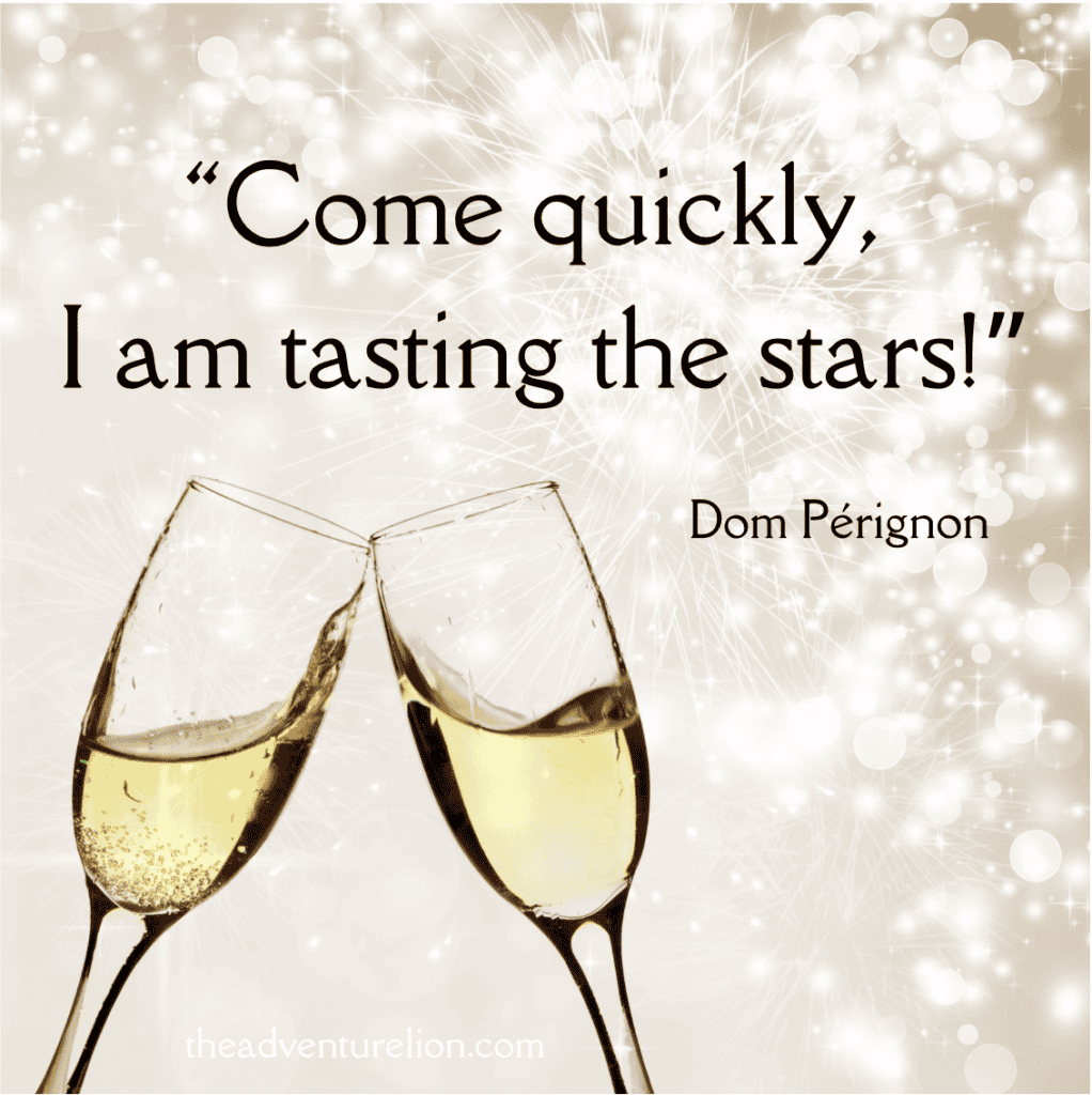 A meme of two champagne glasses and sparkles in the background that says "Come quickly, I am tasting the stars!" Dom Pérignon