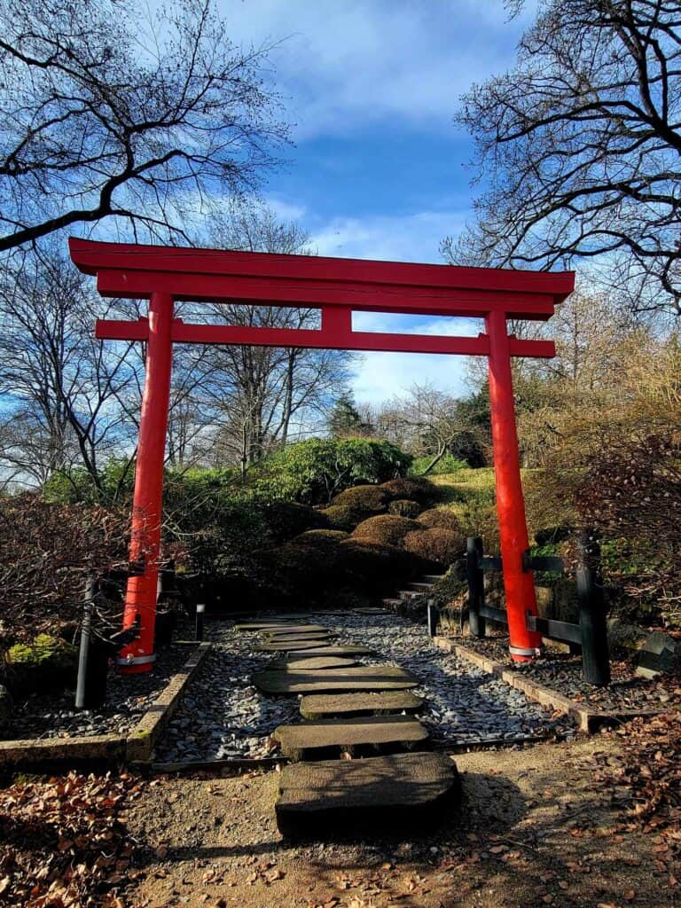 A red wooden Japanese arch over a stone footpath