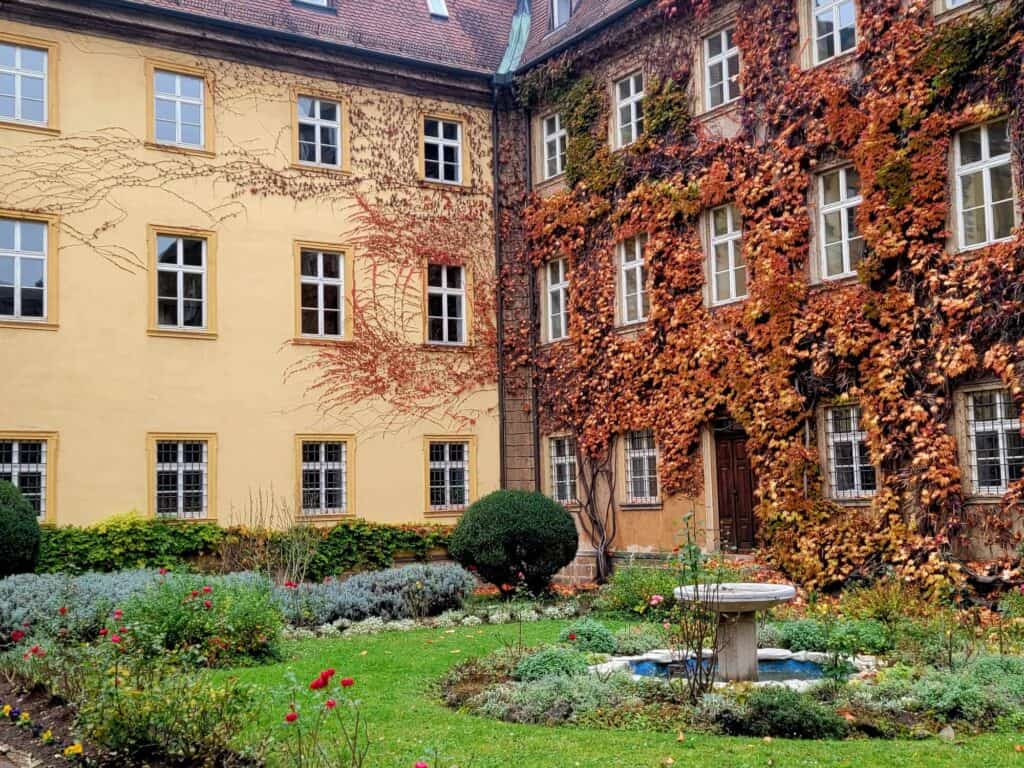 A courtyard with green grass, red roses and a bird bath, a building with many windows covered in orange leafed ivy