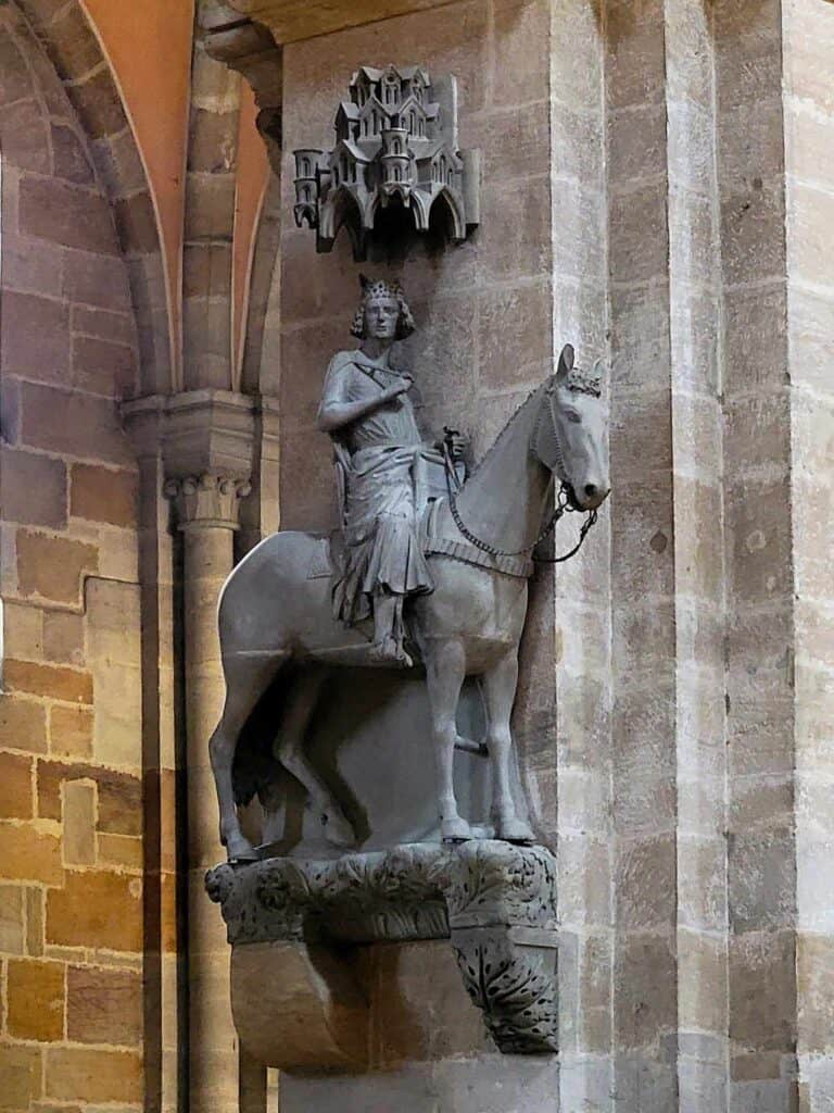 The mysterious life-sized Bamberg horseman, riding atop a horse in grey stone