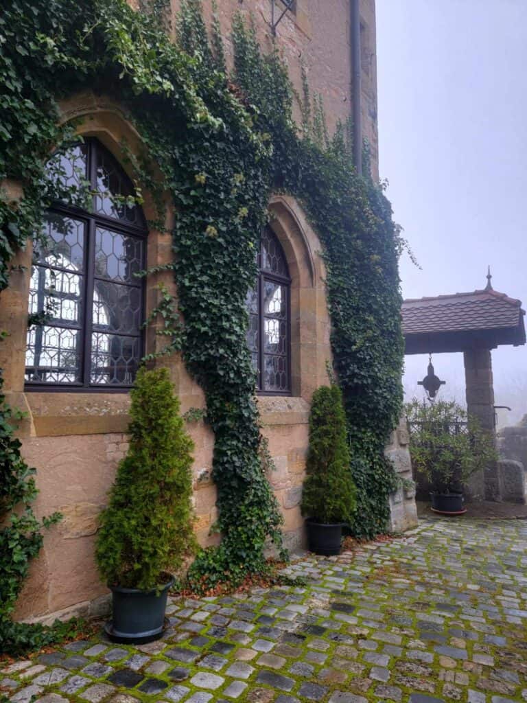 A red sandstone castle wall covered in ivy