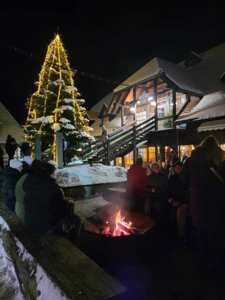 A chalet with wooden stairs and a large evergreen in white lights covered with snow. An open fire in a fire pit and people warming themselves