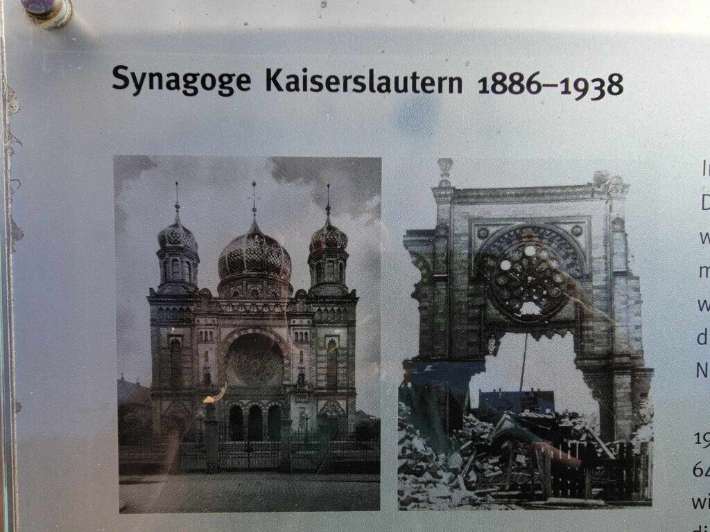 A picture in black and white of the old synagogue next to a photo of it after it was bombed showing only a piece of the front