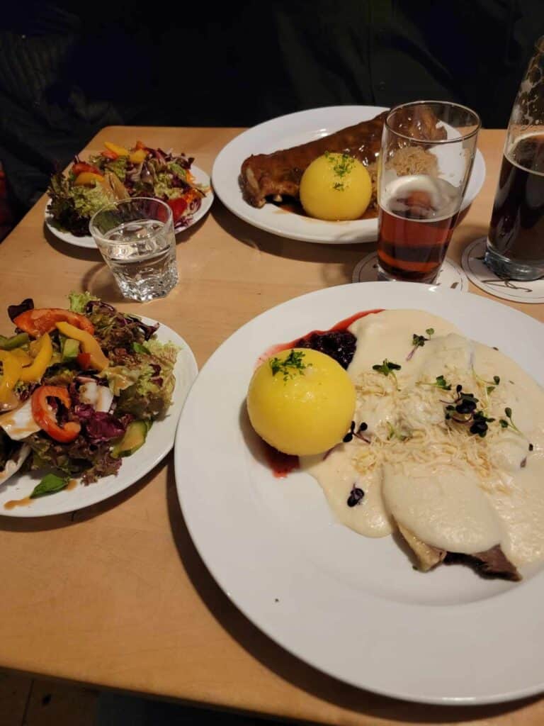 Plates of food - two salads, two dark beers, ribs and dumpling, and beef covered in white horseradish sauce and elderberries with a dumpling