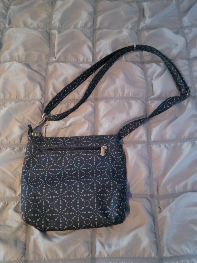 A small over-shoulder bag with a light blue geometric pattern