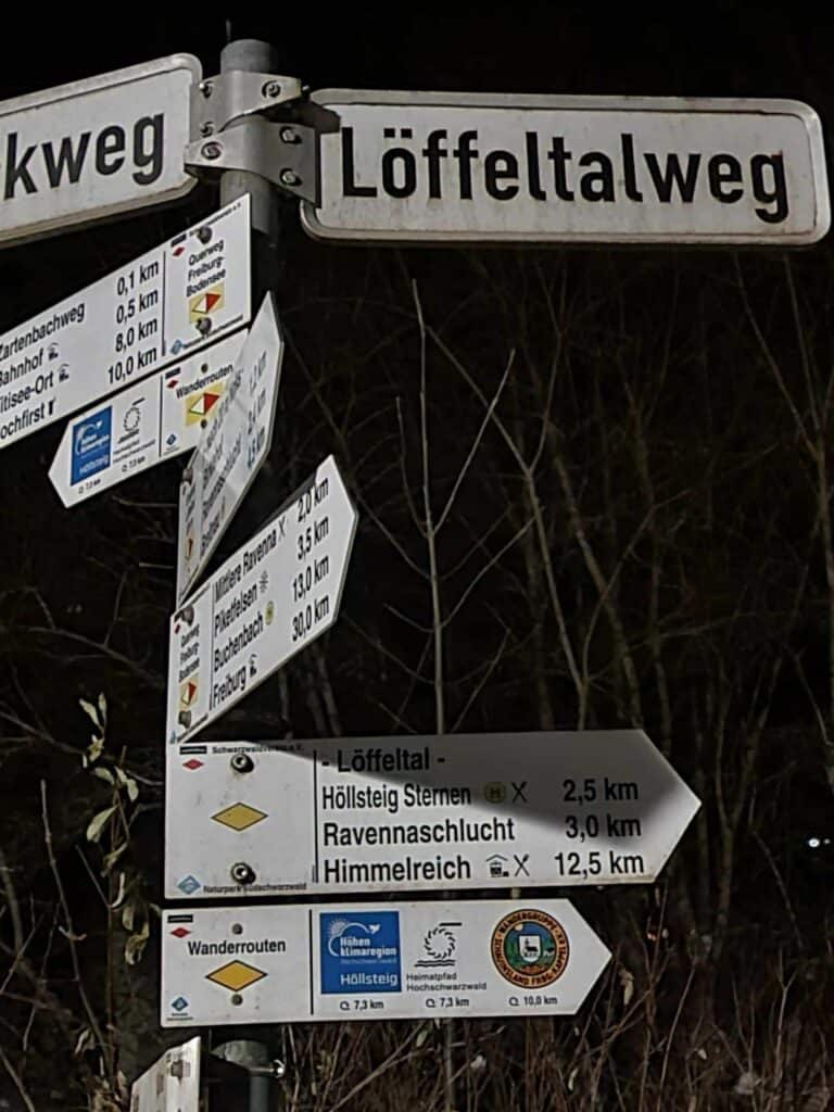 A street sign for Löffeltalweg with seven pointed directionals one of which says Ravennaschlucht 3.0 km