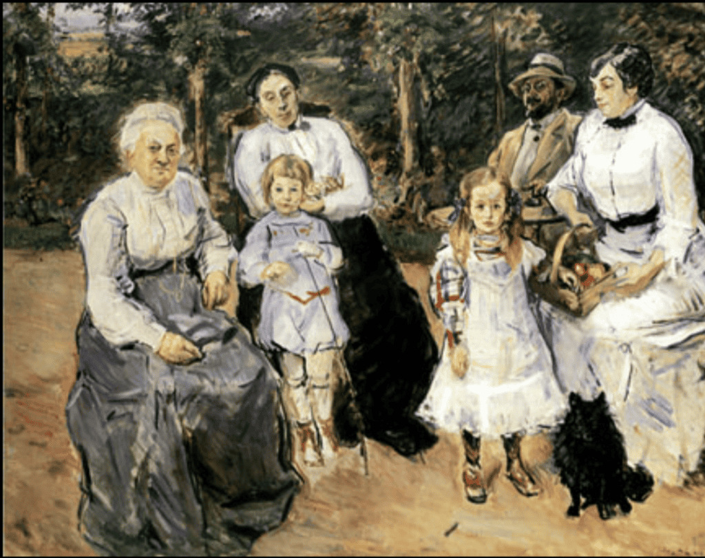 A 19th century painting of a family wearing white and sitting in a garden with a small black dog