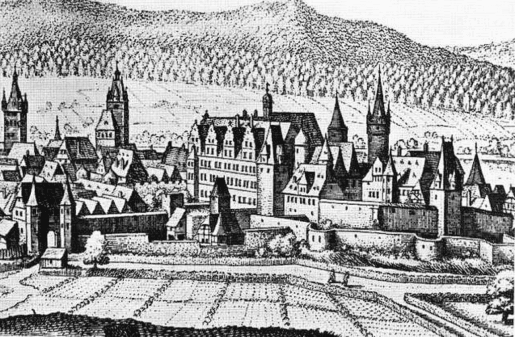 A black and white print of the Medieval city of Kaiserslautern