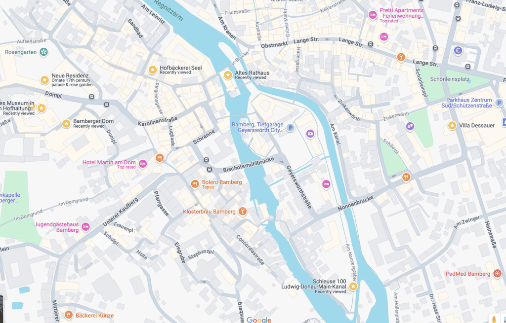 A map of Bamberg with various attractions marked with a yellow star