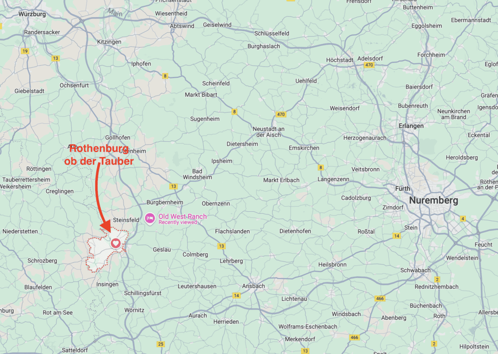 A map showing Rothenburg ob der Tauber marked with a red arrow