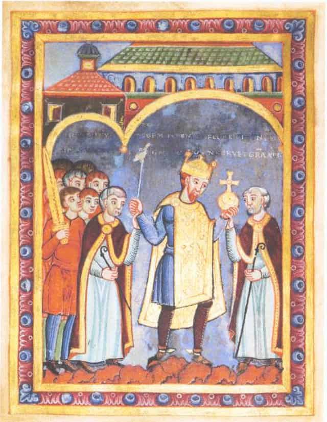 A medieval painting in reds, blues, and golds depicting Heinrich III, Holy Roman emperor who is being handed a golden orb by a priest