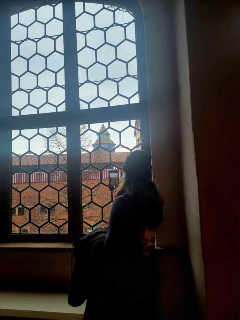 A woman silhouetted from the back looks out a tall leaded window at the Sinwell tower and the other side of the castle