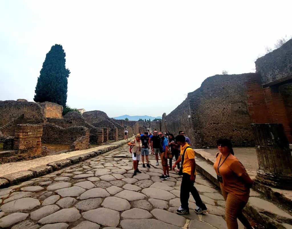 Pompeii vs. Herculaneum: Best Tips & Biggest Differences 12 People walking on the stone road of Pompeii with one tree visible