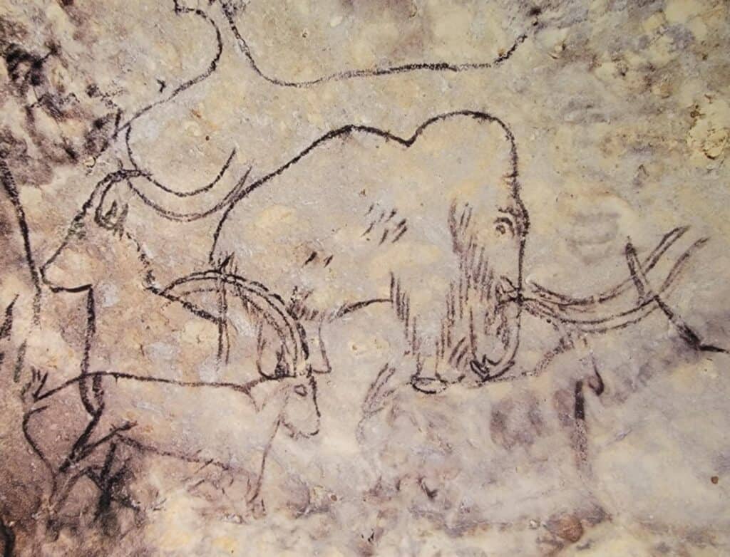 Best 2 Day Dordogne Prehistory Itinerary: What to See & Do 13 Charcoal cave drawing of a mammoth with a very expressive eye, and an ibex