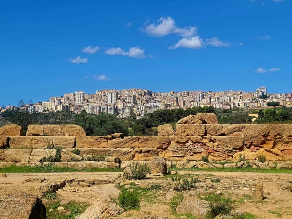 The modern city of Agrigento and the ruins of the ancient city Akragas