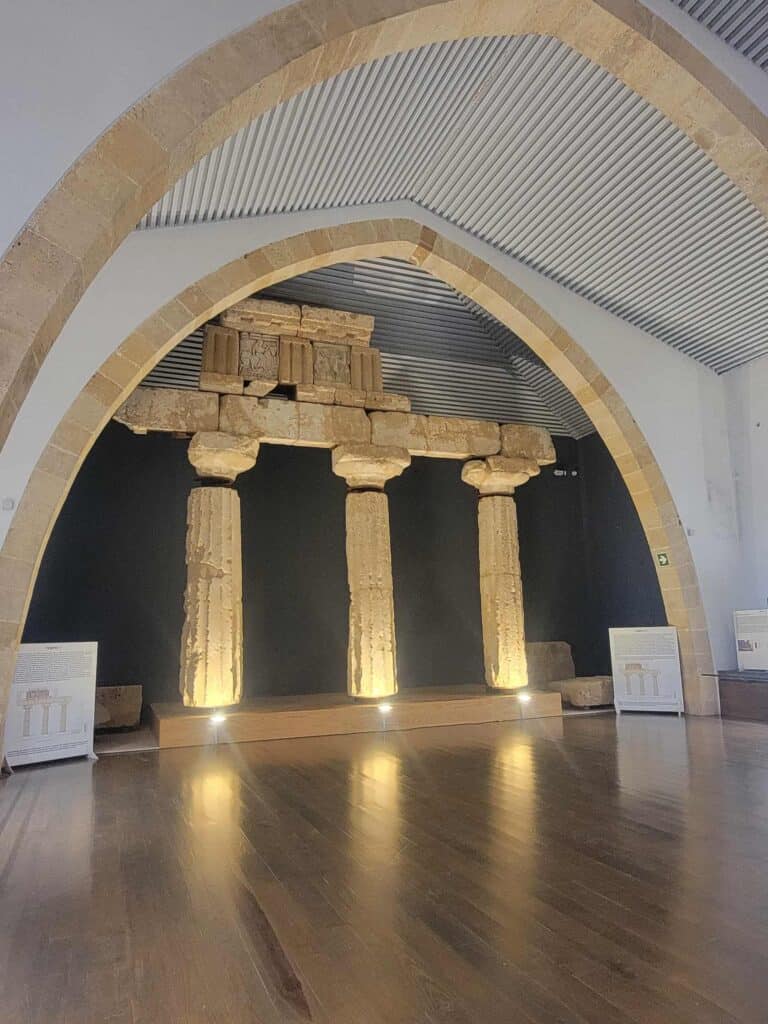 Pillars and painted details of Temple E in the museum at Selinunte Archaeological Park in Sicily