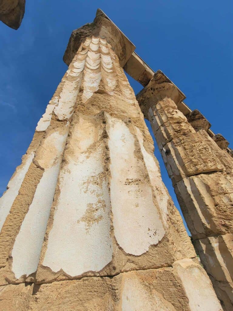White plastered doric column at Selinunte Archaeological Park in Sicily
