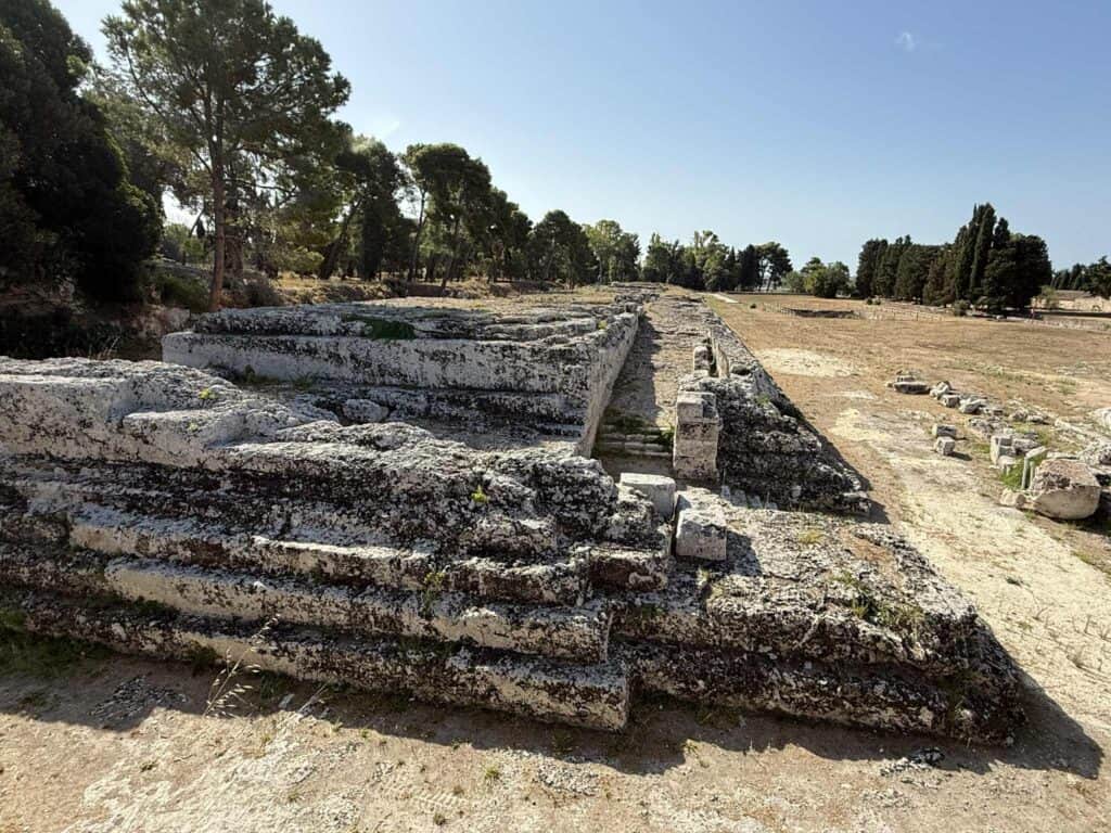 Long stone base of the sacrificial altar of Hieron II in Syracuse Archaeological Park