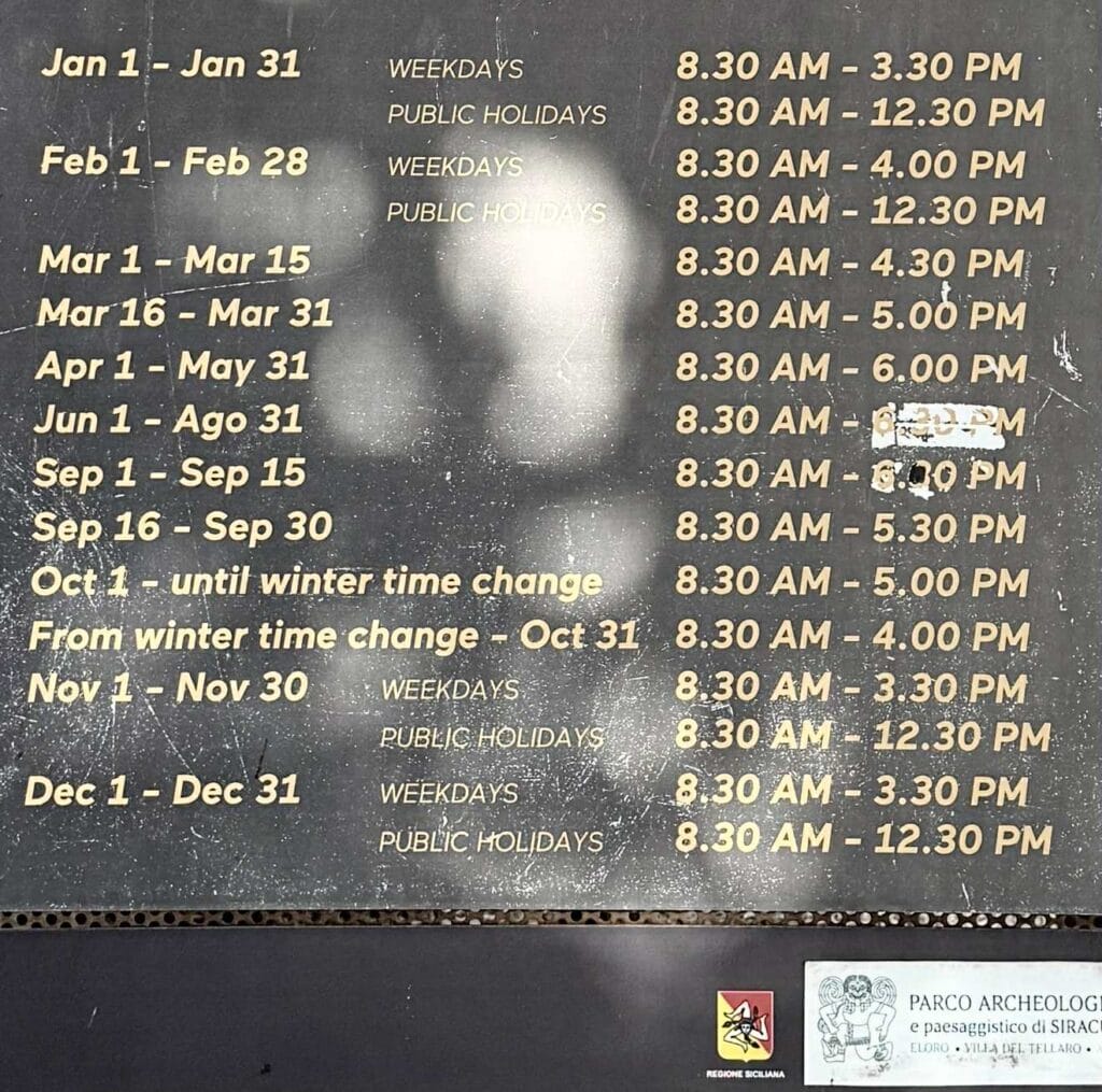 Opening hours of the Syracuse Archaeological Park. Opens at 8:30 daily with closing times ranging from 12:30 (holidays) - 6:00pm (summer peak hours)