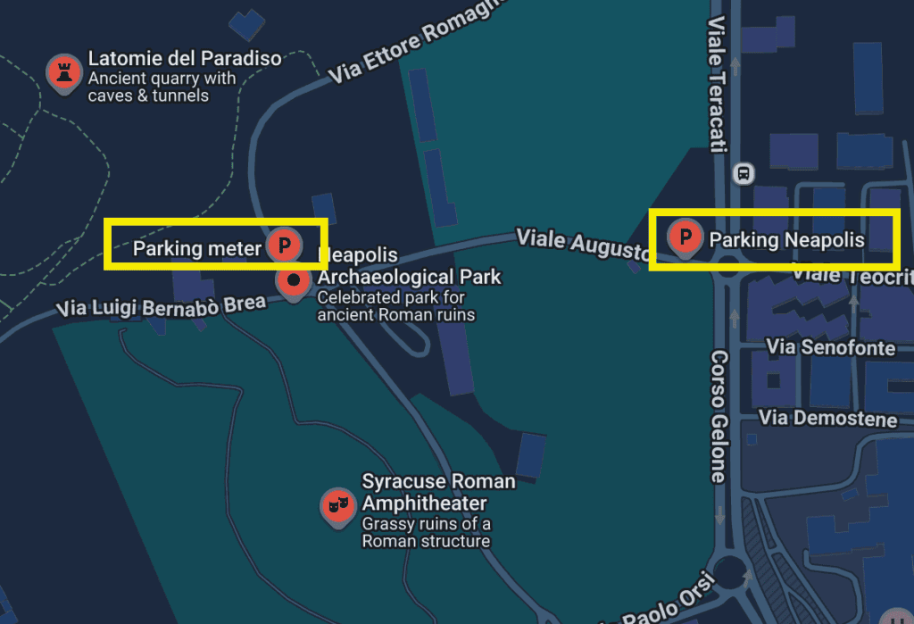 Map of Syracuse Archaeological Park parking areas