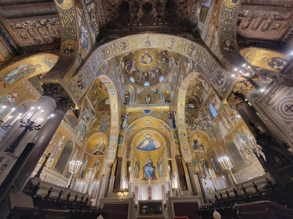 The interior of the Palatine chapel in Palermo with its golden mosaics