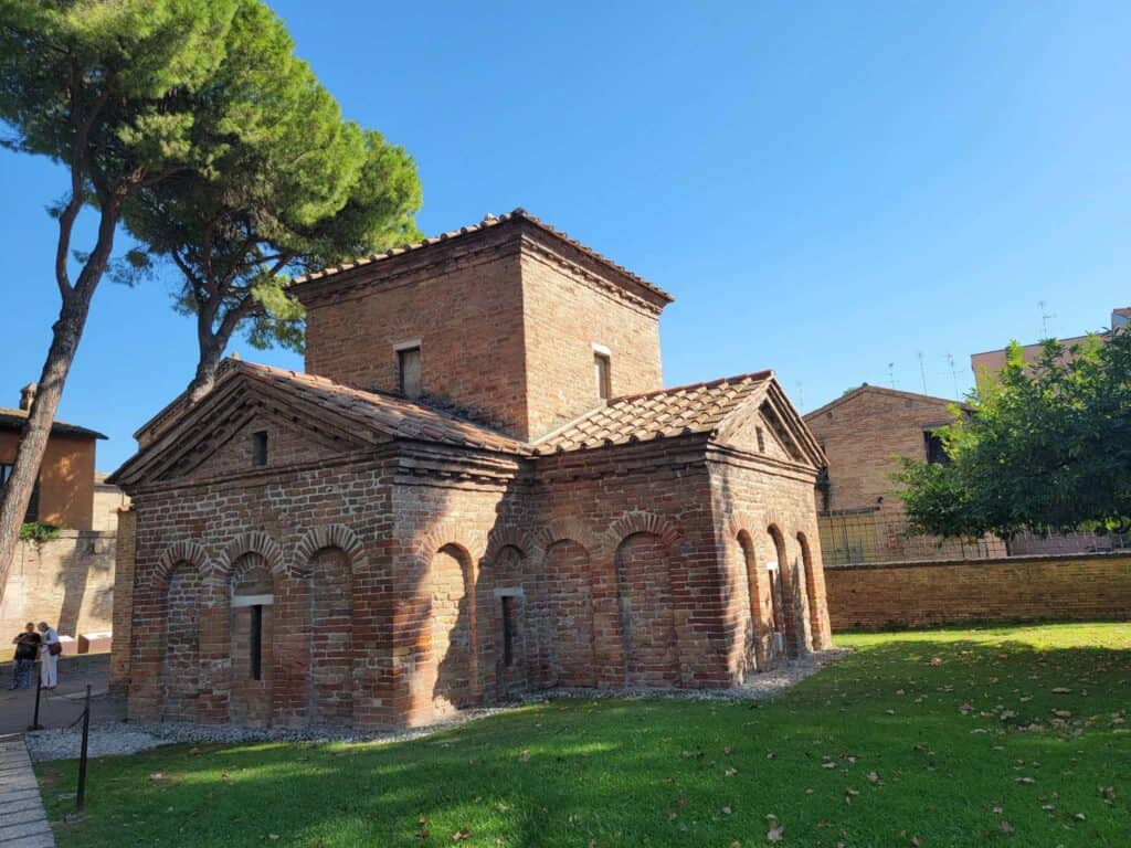 The brick exterior of the Mausoleum of Galla Placidia in Ravenna Italy