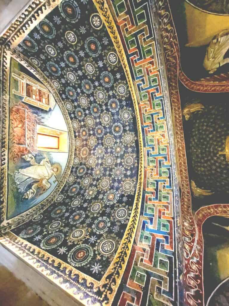 A mosaic ceiling in the Mausoleum of Galla Placidia in Ravenna Italy