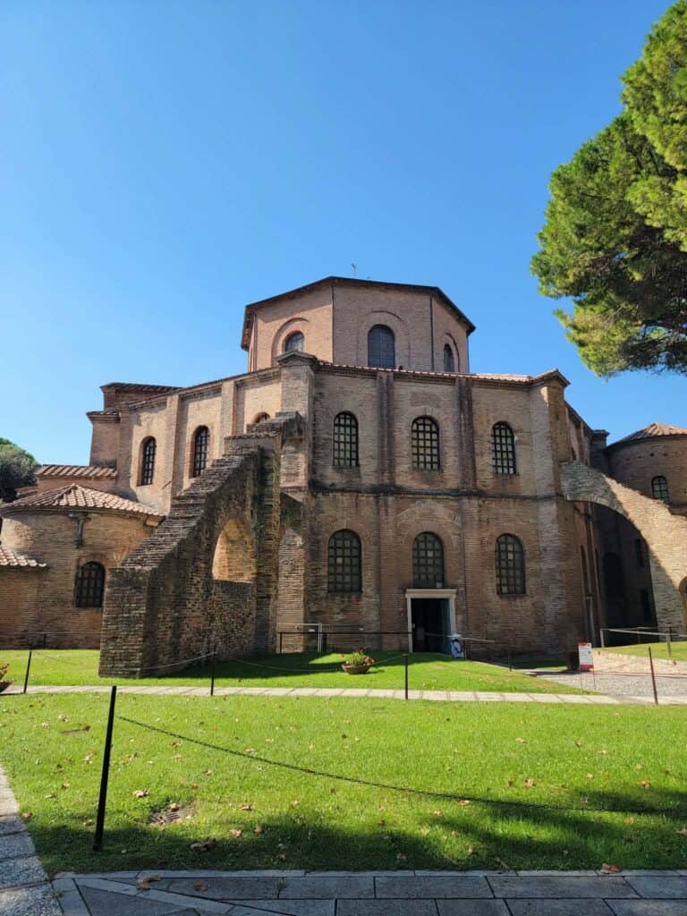 The brick exterior of Basilica di San Vitale in Ravenna Italy
