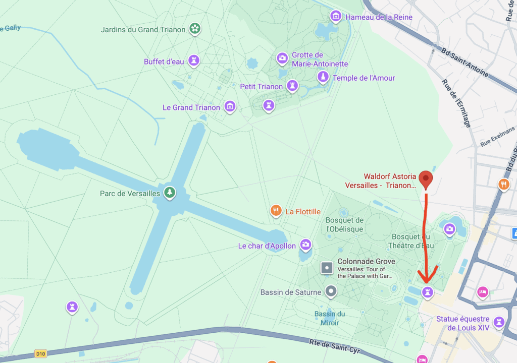 Map showing proximity of Waldorf Astoria Versailles to Versailles Palace