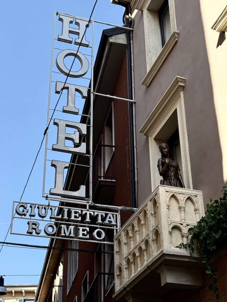 Where to Stay in Verona: Our Honest Picks 2 Sign and copy of Juliet's balcony at the Hotel Giulietta e Romeo in Verona